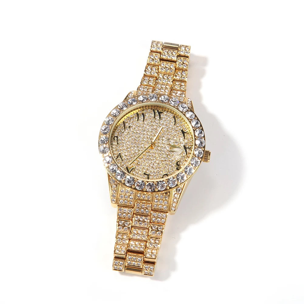 Iced out Arabic numeral watch